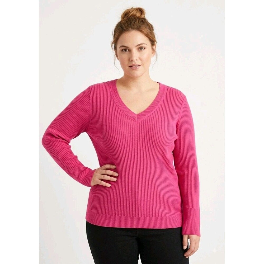 FASHION BUG Womens Hot Pink Sweater 2X V-Neck Long Slv Ribbed Knit  Preppy